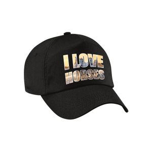 Dierenpet / natuurliefhebber cap I love horses / witte paarden op het strand zwart voor dames en heren