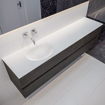 Mondiaz Vica Moon badmeubel eiken donker bruin 200 cm 4 lades solid surface enkele spoelbak links zonder kraangat