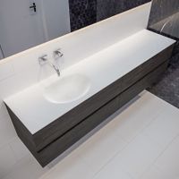 Mondiaz Vica Moon badmeubel eiken donker bruin 200 cm 4 lades solid surface enkele spoelbak links zonder kraangat