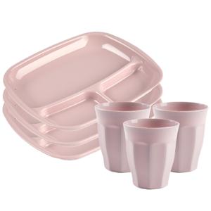 Servies van kunststof - 6x vakjesborden en 6x drinkbekers - roze