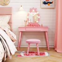 Kinderkaptafel Set met Verlichte Spiegel Tafel en Kruk Set met Verstelbare Verlichting Grote Lade Gestoffeerde Kruk
