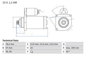 Startmotor / Starter BOSCH, Spanning (Volt)12V, u.a. für VW, Skoda, Seat, Audi