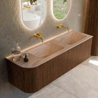 Badmeubel Mondiaz Kurve-Dlux | 145 cm | Meubelkleur Walnut | Wastafelkleur Saba | Solid surface | Dubbel / Rechts spoelbak | Zonder kraangat(en)