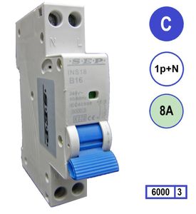 SEP Installatieautomaat 8A 1p+n C8 6kA INS18-C08 inst. 1p+n C8 6kA (18mm)