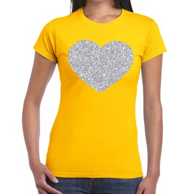 Feestkleding verkleedkleding t-shirt - met zilveren hartje - geel - voor dames - Glitter