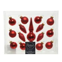 Decoris Mini kerstballen D3 cm - met piek - set 15-delig - rood - glas - kerstversiering - thumbnail