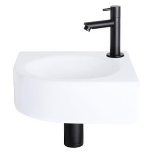 Differnz Cleo fonteinset - 30x30x10cm - Kwartrond - 1 kraangat - Recht matte zwarte kraan - Keramiek Wit 38.401.09