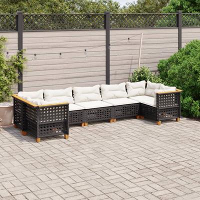 7-delige Loungeset met kussens poly rattan zwart