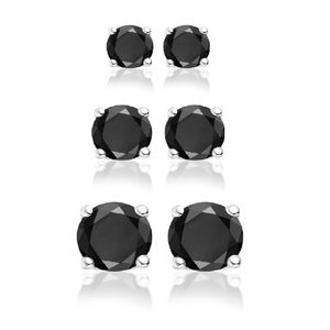 Silventi 929901016 - Zilveren oorbellen - set van 3 paar oorknoppen - 3 verschillende maten - rond - zirkonia - zwart