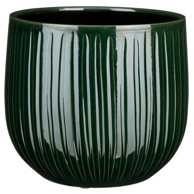 Plantenpot/bloempot keramiek donkergroen ribbels glans patroon - D27/H25 cm