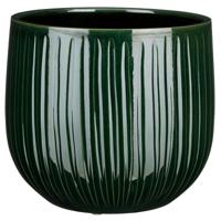 Plantenpot/bloempot keramiek donkergroen ribbels glans patroon - D27/H25 cm