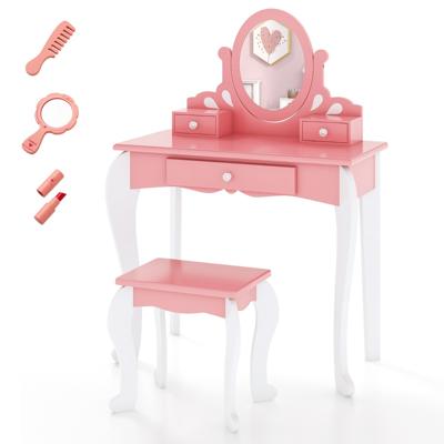 Kinderen Kaptafel & Kruk Set Houten Kleine Prinses Make-Up Kaptafel met 360 ° Draaibare Spiegel & 3 Laden Schrijftafel Roze