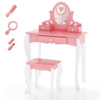 Kinderen Kaptafel & Kruk Set Houten Kleine Prinses Make-Up Kaptafel met 360 ° Draaibare Spiegel & 3 Laden Schrijftafel Roze