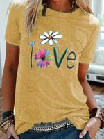 Vintage Short Sleeve Statement Floral Letter Printed Crew Neck Casual Top - thumbnail