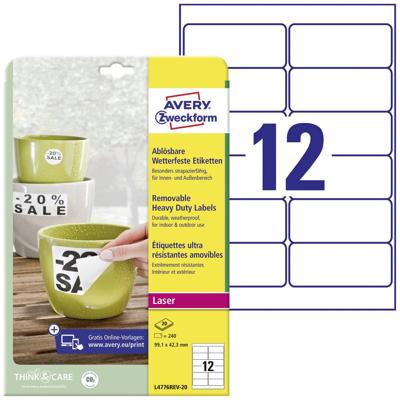 Avery-Zweckform L4776REV-20 Folie-etiketten 99.1 x 42.3 mm Polyester folie Wit 240 stuk(s) Weer verwijderbaar Laser (kleur), Laser (zwart/wit), Kopiëren