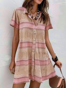 Shirt Collar Abstract Stripes Casual Loose Dress With No