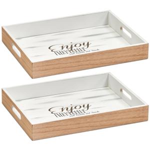 Dienblad - Set van 2x stuks - bruin/wit - 40 x 30 x 5,5 cm - hout - rechthoekig - serveerblad