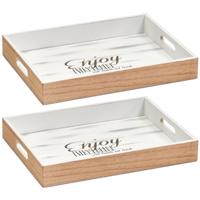 Dienblad - Set van 2x stuks - bruin/wit - 40 x 30 x 5,5 cm - hout - rechthoekig - serveerblad