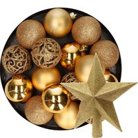 16x stuks kunststof kerstballen 6 cm incl. ster piek goud