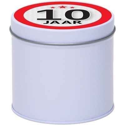 Cadeau/kado wit rond blik 10 jaar 10 cm