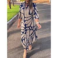 Dames Jurk met print Lentejurk Kleurenblok Afdrukken nappi Overhemdkraag Lange jurk maxi-jurk Modieus Streetwear Buiten Dagelijks 3/4 mouw Ruim Passend Koningsblauw Zomer Lente S M L XL XXL Lightinthebox