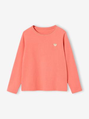 T-shirt Basics met hartjes en pailletten en lange mouwen koraal