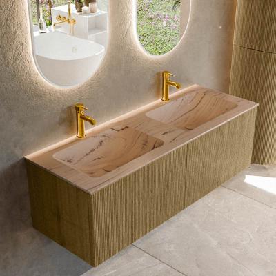 Badmeubel Mondiaz Kurve-Dlux | 130 cm | Meubelkleur Dusk | Wastafelkleur Arena | Solid surface | Wasbak beide zijden spoelbak | 2 kraangaten