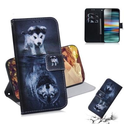 Wolf en hond patroon gekleurde tekening horizontale Flip lederen case voor Sony Xperia 10 met houder & kaartsleuven & portemonnee