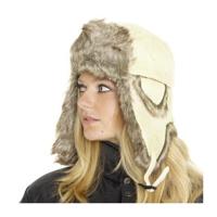 Winter bontmuts van canvas - creme wit - volwassenen - extra warm - met oorflappen - gevoerd