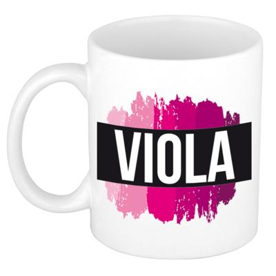 Viola naam cadeau koffie mok - beker - met roze verfstrepen - Cadeau collega - moederdag