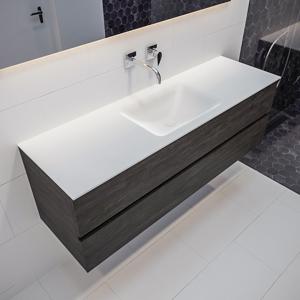 Mondiaz Vica Cloud badmeubel eiken donker bruin 150 cm 2 lades solid surface enkele spoelbak midden zonder kraangat