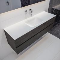 Mondiaz Vica Cloud badmeubel eiken donker bruin 150 cm 2 lades solid surface enkele spoelbak midden zonder kraangat - thumbnail