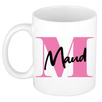 Naam mok Maud - roze - wit - keramiek - 300 ml - verjaardag/cadeau beker - thumbnail