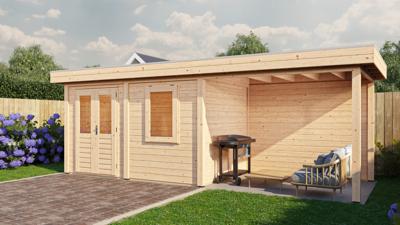Lugarde Select Modern tuinhuis met overkapping Neerkant 388x250cm + 300cm - Onbehandeld- Plat dak- - Lugarde Select