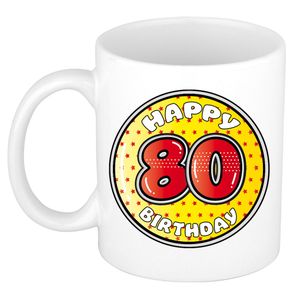 Bellatio Decorations Verjaardag cadeau mok - 80 jaar - geel - sterretjes - 300 ml - keramiek   -