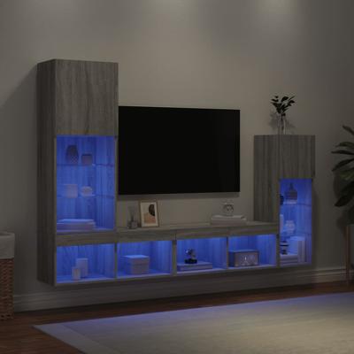 4-delige Tv-wandmeubelset met LED bewerkt hout grijs sonoma