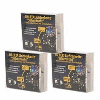 3x Draadverlichting zilver met warm witte LED lampjes 6 meter op batterijen met timer