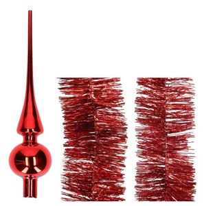 Kerstversiering glazen piek glans 26 cm en folieslingers pakket rood van 3x stuks