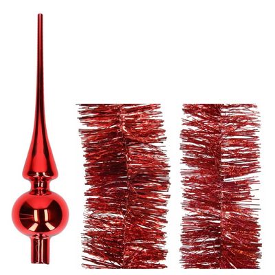 Kerstversiering glazen piek glans 26 cm en folieslingers pakket rood van 3x stuks Kerstversiering glazen piek glans 26 cm en folieslingers pakket rood van 3x stuks