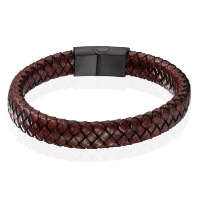 Gevlochten Leren Armband Heren Edelstaal Sluiting Bruin-22cm Gevlochten Leren Armband Heren Edelstaal Sluiting Bruin-22cm