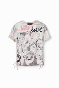 Slim fit T-shirt met plooitjes en krantenprint - WHITE - L