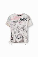 Slim fit T-shirt met plooitjes en krantenprint - WHITE - XL - thumbnail