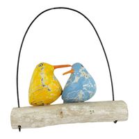 Hangende Houten Decoratie Koppel Vogels Blauw Geel - thumbnail