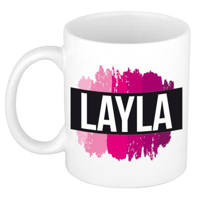 Layla naam cadeau koffie mok - beker - met roze verfstrepen - Cadeau collega - moederdag