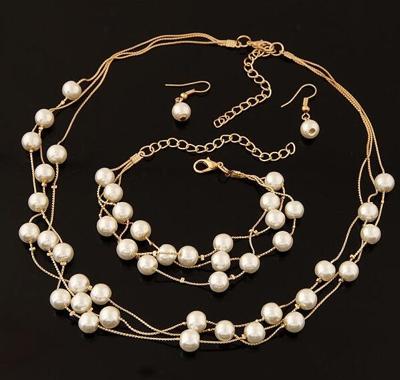 Pearl Multi-Layer temperament ketting oorbel Armband set metalen kleur: goud