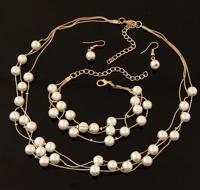 Pearl Multi-Layer temperament ketting oorbel Armband set metalen kleur: goud Pearl Multi-Layer temperament ketting oorbel Armband set metalen kleur: goud