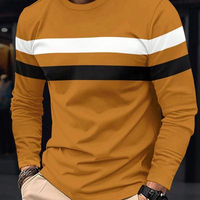 Men's Colorblock Striped Long Sleeve T-Shirt - Round Neck Top Mustard Yellow / L