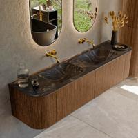 Mondiaz KURVE-DLUX 180 cm Onderkast Greeploos 2 Lades Met Deuren Walnut, Wastafel Solid Surface Dubbel Lava 0 Kraangaten Zonder Spiegel (KRVLEA180L+R2L2D0KD-Wal/Lav)