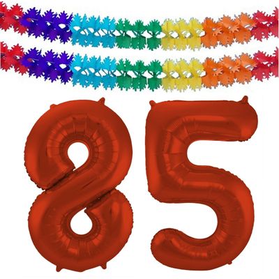 Grote folie ballonnen cijfer 85 in het rood 86 cm en 2x feestslingers Grote folie ballonnen cijfer 85 in het rood 86 cm en 2x feestslingers