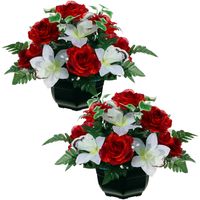 Kunstbloemen plantje orchidee/rozen in pot - 2x - kleuren rood/wit - 25 cm - Bloemstuk - met bladgro